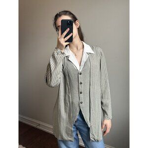 Vintage Grey and White Striped Blouse with Dickey Insert